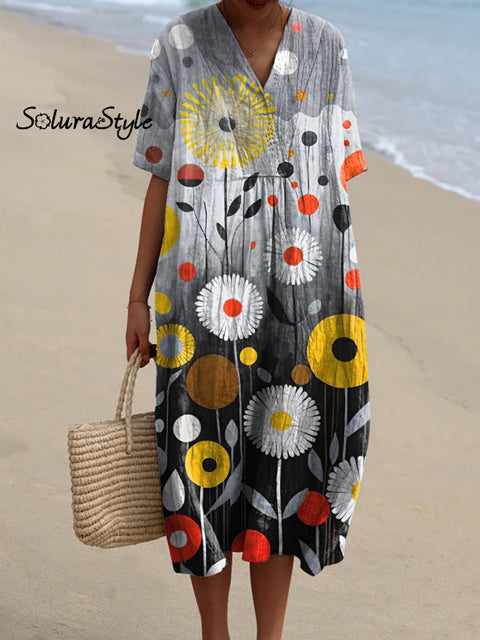 Oil Painting Summer Wild Floral Art Pattern Printed Women’s Flowy Dress Multicolor / S