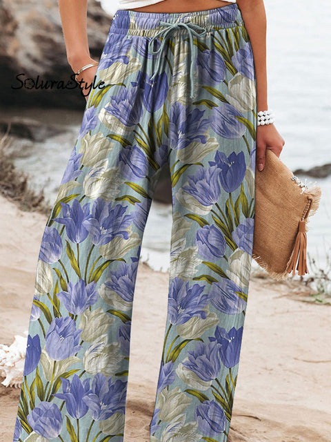 Oil Painting Tulip Pattern Printed Women’s Cotton And Linen Casual Pants