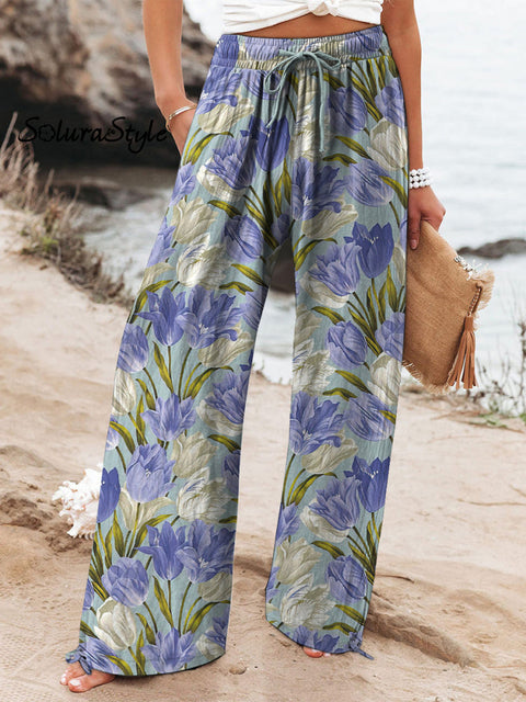 Oil Painting Tulip Pattern Printed Women’s Cotton And Linen Casual Pants Multicolor / S
