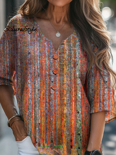 Oil Pastel Woodland Art Printed Women’s Casual Linen V-Neck Shirt
