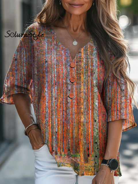 Oil Pastel Woodland Art Printed Women’s Casual Linen V-Neck Shirt Multicolor / S