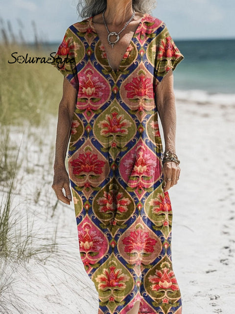 Oriental Style Floral Pattern Printed Women’s Pocket Cotton Dress