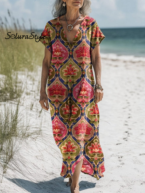 Oriental Style Floral Pattern Printed Women’s Pocket Cotton Dress Multicolor / S
