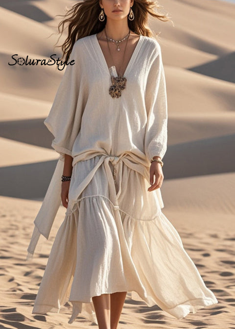 Original Design Apricot Oversized Patchwork Cotton Maxi Dresses Spring 2025-Spring-Summer-Linen