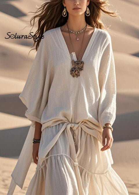 Original Design Apricot Oversized Patchwork Cotton Maxi Dresses Spring 2025-Spring-Summer-Linen
