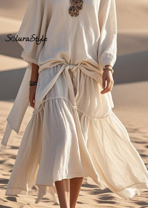Original Design Apricot Oversized Patchwork Cotton Maxi Dresses Spring 2025-Spring-Summer-Linen
