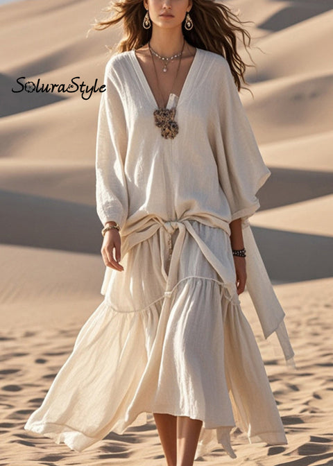 Original Design Apricot Oversized Patchwork Cotton Maxi Dresses Spring 2025-Spring-Summer-Linen