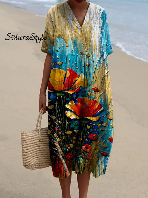 Paint Splash Poppy Floral Art Pattern Printed Women’s Flowy Dress Multicolor / S
