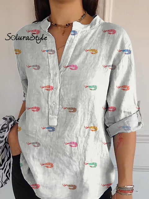 Petite Shrimp Pattern Printed Women’s Casual Long Sleeve Comfortable Cotton Shirt