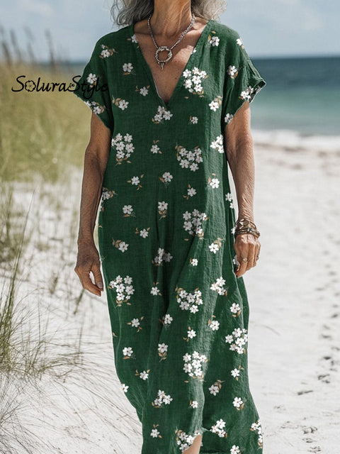Petite Spring Floral Pattern Printed Women’s Pocket Cotton Dress