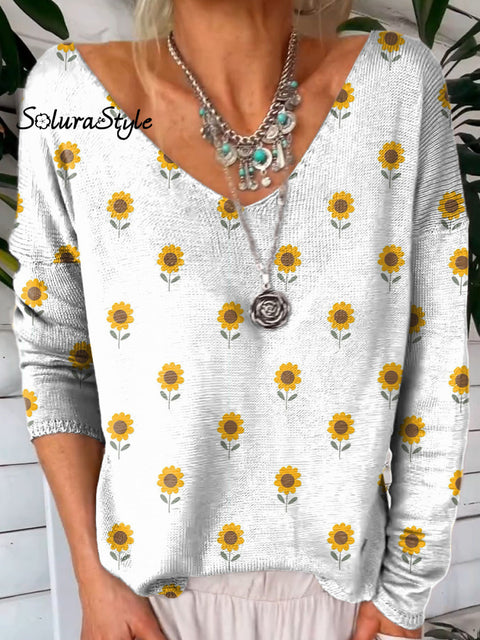 Petite Sunflower Pattern Printed V-Neck Pullover Knit Top Multicolor / S