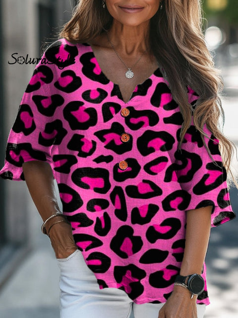 Pink Leopard Print Pattern Printed Women’s Casual Linen V-Neck Shirt Multicolor / S