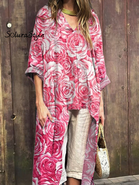 Pink Rose Pattern Printed Women’s Short Front And Long Back V-Neck Top