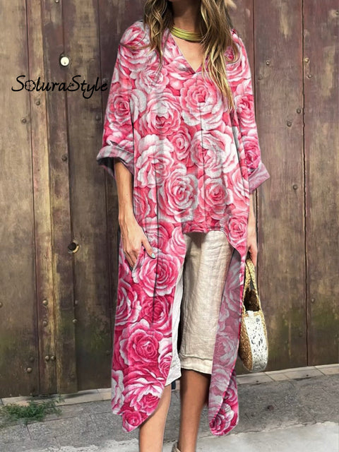 Pink Rose Pattern Printed Women’s Short Front And Long Back V-Neck Top Multicolor / S