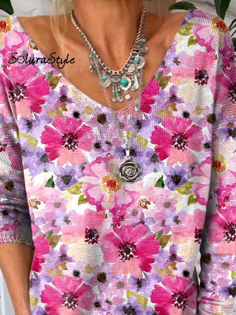 Pink Spring Pattern Printed V-Neck Pullover Knit Top