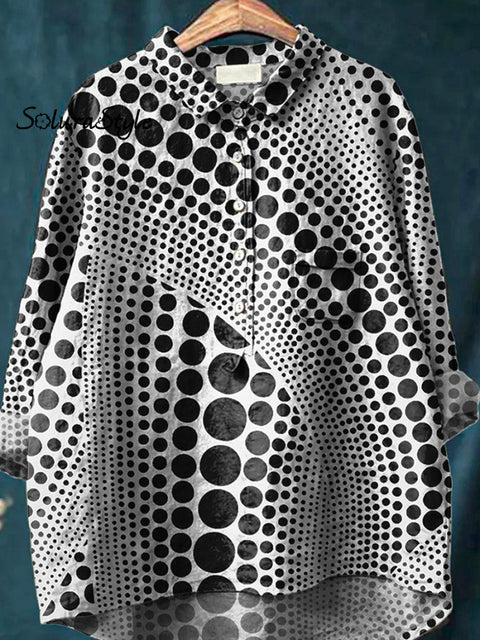 Psychedelic Polka Dot Pattern Printed Women’s Casual Cotton And Linen Shirt