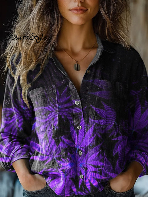 Psychedelic Style Maple Leaf Pattern Printed Women’s Casual Long Sleeve Comfortable Cotton Shirt