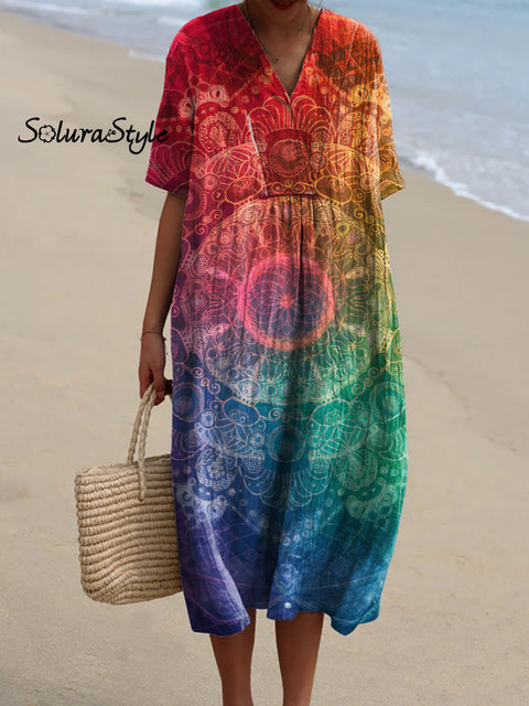 Rainbow Color Mandala Art Printed Women’s Flowy Dress Multicolor / S