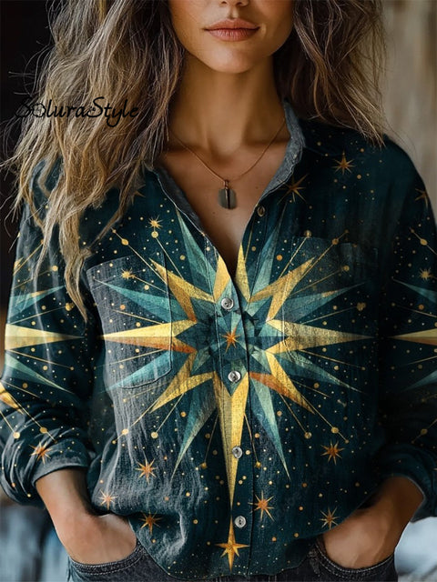 Ramadan Inspired Polaris Star Art Printed Women’s Casual Long Sleeve Comfortable Cotton Shirt