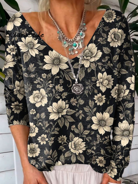 Retro Black And White Floral Pattern Printed V-Neck Pullover Knit Top Multicolor / S
