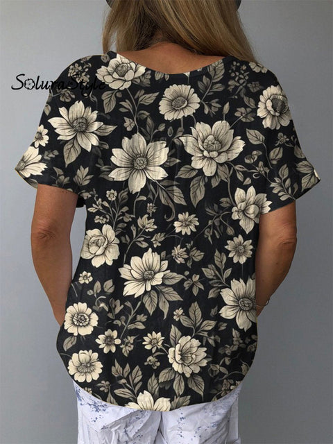 Retro Black And White Floral Pattern Printed Women’s Casual Cotton Linen Shirt
