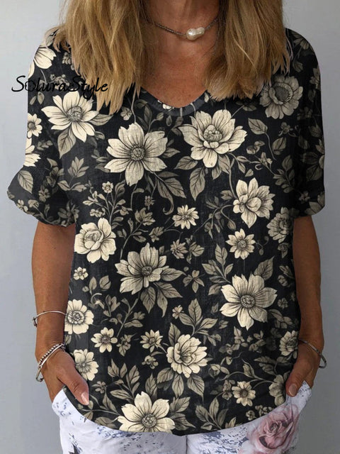 Retro Black And White Floral Pattern Printed Women’s Casual Cotton Linen Shirt Multicolor / S