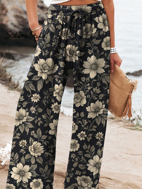 Retro Black And White Floral Pattern Printed Women’s Cotton Linen Casual Pants