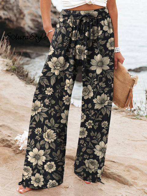 Retro Black And White Floral Pattern Printed Women’s Cotton Linen Casual Pants Multicolor / S