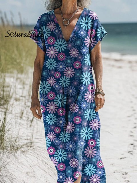 Retro Daisy Floral Pattern Printed Women’s Pocket Cotton Dress