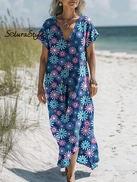 Retro Daisy Floral Pattern Printed Women’s Pocket Cotton Dress Multicolor / S