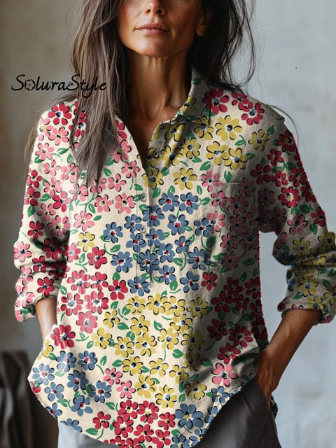 Retro Garden Floral Pattern Printed Women’s Casual Cotton And Linen Shirt Multicolor / S