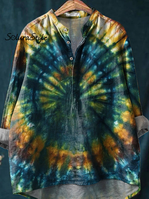 Retro Hippie Tie Dye Pattern Printed Women’s Casual Long Sleeve Comfortable Cotton Shirt