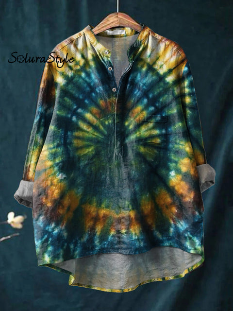 Retro Hippie Tie Dye Pattern Printed Women’s Casual Long Sleeve Comfortable Cotton Shirt
