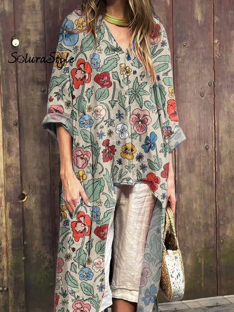 Retro Pansy Floral Pattern Printed Women’s V-Neck Cotton Short Sleeve Dress