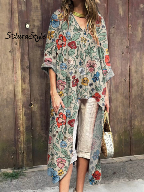 Retro Pansy Floral Pattern Printed Women’s V-Neck Cotton Short Sleeve Dress Multicolor / S