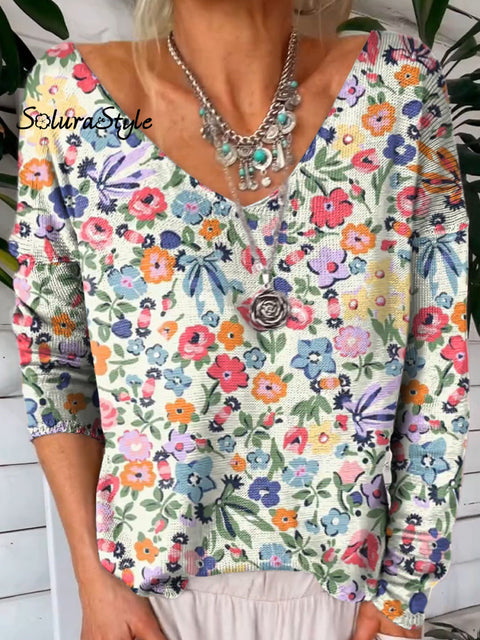 Retro Petite Floral Pattern Printed V-Neck Pullover Knit Top Multicolor / S