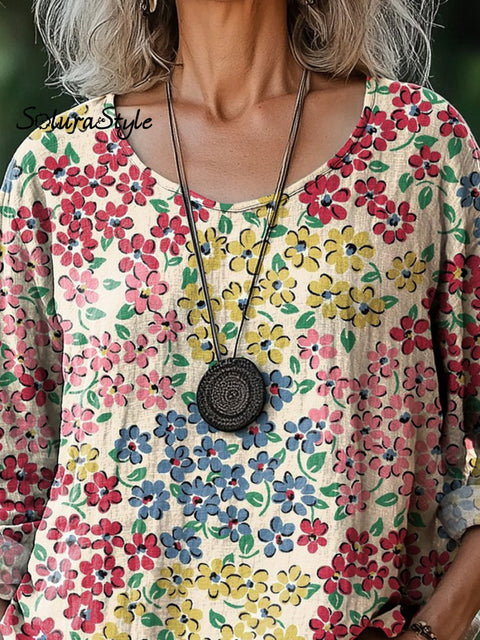 Retro Petite Floral Pattern Printed Women’s Casual Cotton And Linen Shirt