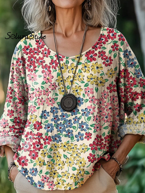 Retro Petite Floral Pattern Printed Women’s Casual Cotton And Linen Shirt Multicolor / S