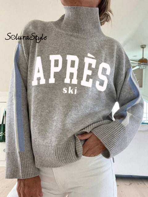 Retro Ski Club Print Knit Turtleneck Pullover Sweater Grey / S