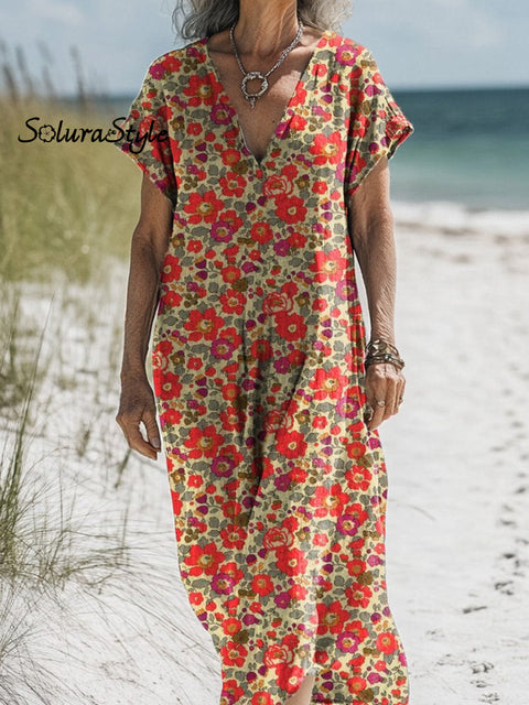 Retro Summer Floral Pattern Printed Women’s Pocket Cotton Dress