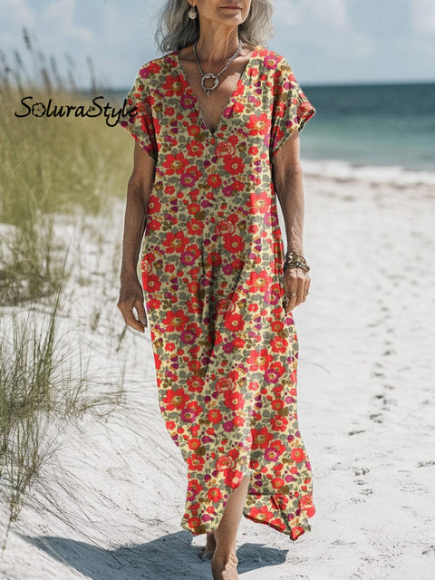 Retro Summer Floral Pattern Printed Women’s Pocket Cotton Dress Multicolor / S