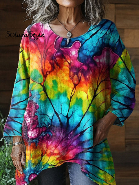 Retro Tie Dye Pattern Printed Women’s Pocket Cotton Top
