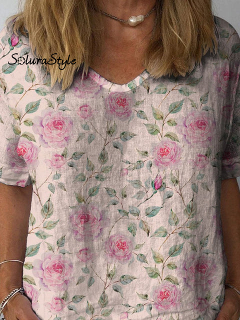Retro Watercolor Rose Pattern Printed Women’s Casual Cotton And Linen Shirt