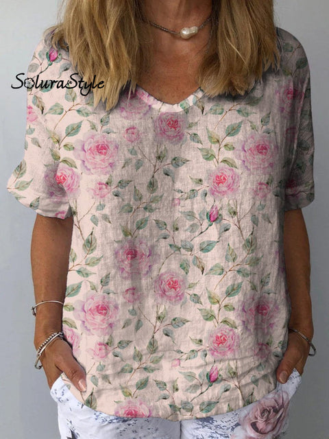 Retro Watercolor Rose Pattern Printed Women’s Casual Cotton And Linen Shirt Multicolor / S