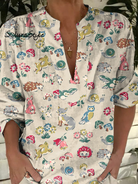 Retro Woodland Animal Pattern Printed Women’s Casual Short Sleeve Comfortable Cotton Shirt