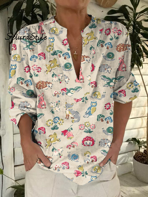 Retro Woodland Animal Pattern Printed Women’s Casual Short Sleeve Comfortable Cotton Shirt Multicolor / S
