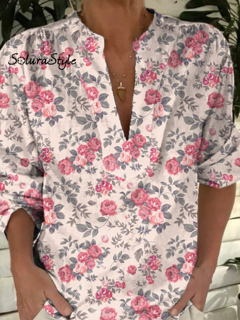 Romantic Petite Rose Pattern Printed Women’s Casual Short Sleeve Comfortable Cotton Shirt