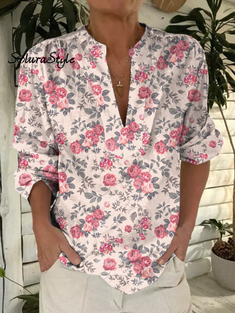 Romantic Petite Rose Pattern Printed Women’s Casual Short Sleeve Comfortable Cotton Shirt Multicolor / S