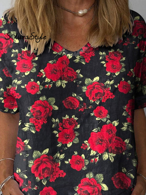Romantic Rose Pattern Printed Women’s Casual Cotton And Linen Shirt