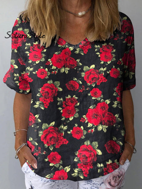 Romantic Rose Pattern Printed Women’s Casual Cotton And Linen Shirt Multicolor / S